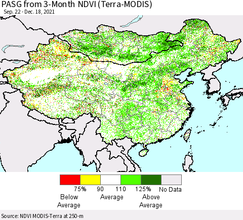 China, Mongolia and Taiwan PASG from 3-Month NDVI (Terra-MODIS) Thematic Map For 12/11/2021 - 12/18/2021