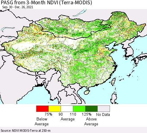 China, Mongolia and Taiwan PASG from 3-Month NDVI (Terra-MODIS) Thematic Map For 12/19/2021 - 12/26/2021