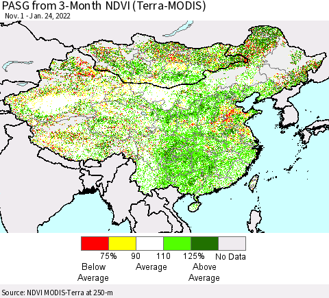 China, Mongolia and Taiwan PASG from 3-Month NDVI (Terra-MODIS) Thematic Map For 1/17/2022 - 1/24/2022