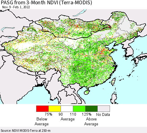 China, Mongolia and Taiwan PASG from 3-Month NDVI (Terra-MODIS) Thematic Map For 1/25/2022 - 2/1/2022