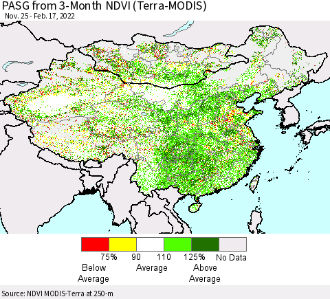 China, Mongolia and Taiwan PASG from 3-Month NDVI (Terra-MODIS) Thematic Map For 2/10/2022 - 2/17/2022