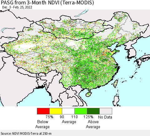 China, Mongolia and Taiwan PASG from 3-Month NDVI (Terra-MODIS) Thematic Map For 2/18/2022 - 2/25/2022