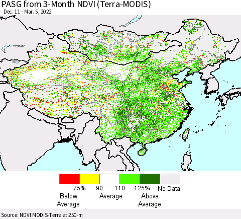 China, Mongolia and Taiwan PASG from 3-Month NDVI (Terra-MODIS) Thematic Map For 2/26/2022 - 3/5/2022