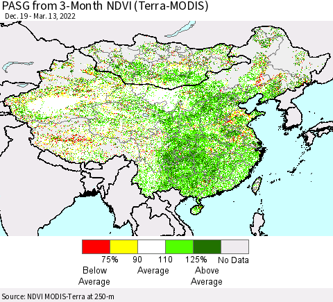 China, Mongolia and Taiwan PASG from 3-Month NDVI (Terra-MODIS) Thematic Map For 3/6/2022 - 3/13/2022