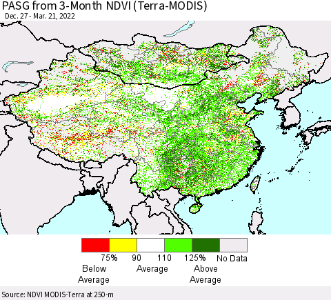 China, Mongolia and Taiwan PASG from 3-Month NDVI (Terra-MODIS) Thematic Map For 3/14/2022 - 3/21/2022