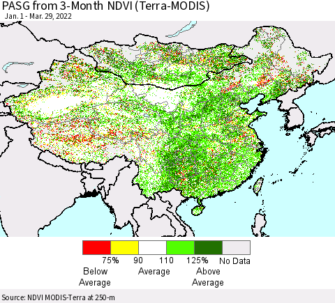 China, Mongolia and Taiwan PASG from 3-Month NDVI (Terra-MODIS) Thematic Map For 3/22/2022 - 3/29/2022