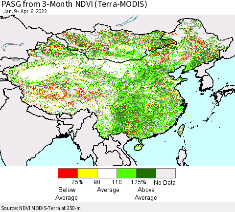 China, Mongolia and Taiwan PASG from 3-Month NDVI (Terra-MODIS) Thematic Map For 3/30/2022 - 4/6/2022