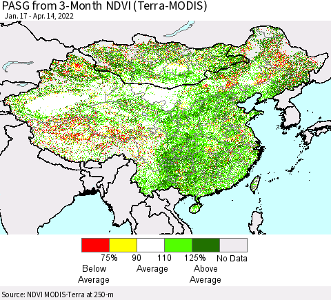 China, Mongolia and Taiwan PASG from 3-Month NDVI (Terra-MODIS) Thematic Map For 4/7/2022 - 4/14/2022