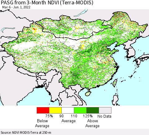 China, Mongolia and Taiwan PASG from 3-Month NDVI (Terra-MODIS) Thematic Map For 5/25/2022 - 6/1/2022