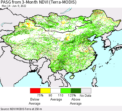 China, Mongolia and Taiwan PASG from 3-Month NDVI (Terra-MODIS) Thematic Map For 6/2/2022 - 6/9/2022