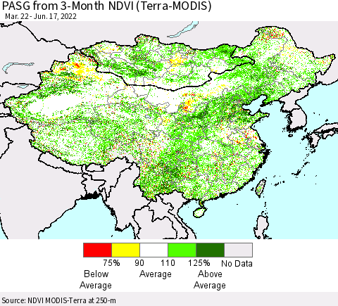 China, Mongolia and Taiwan PASG from 3-Month NDVI (Terra-MODIS) Thematic Map For 6/10/2022 - 6/17/2022