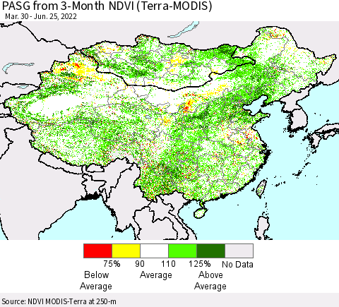China, Mongolia and Taiwan PASG from 3-Month NDVI (Terra-MODIS) Thematic Map For 6/18/2022 - 6/25/2022
