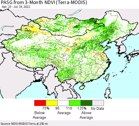 China, Mongolia and Taiwan PASG from 3-Month NDVI (Terra-MODIS) Thematic Map For 7/12/2022 - 7/19/2022