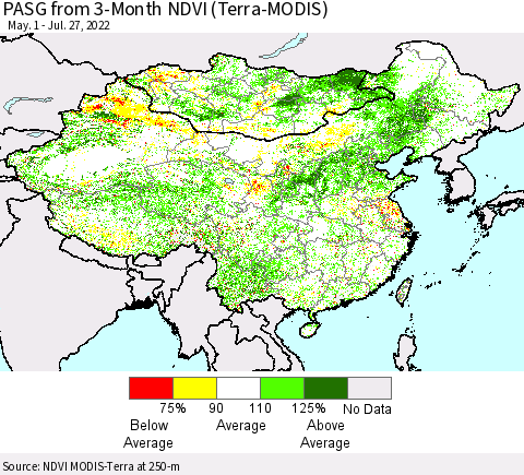 China, Mongolia and Taiwan PASG from 3-Month NDVI (Terra-MODIS) Thematic Map For 7/20/2022 - 7/27/2022