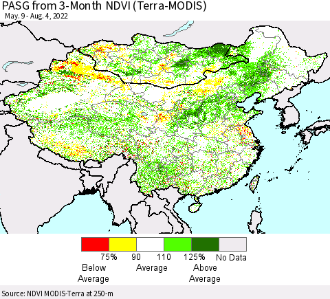 China, Mongolia and Taiwan PASG from 3-Month NDVI (Terra-MODIS) Thematic Map For 7/28/2022 - 8/4/2022