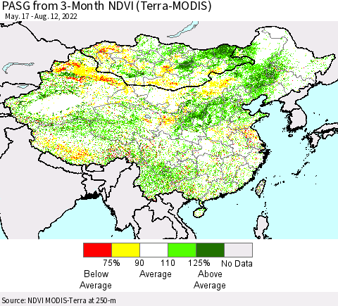China, Mongolia and Taiwan PASG from 3-Month NDVI (Terra-MODIS) Thematic Map For 8/5/2022 - 8/12/2022