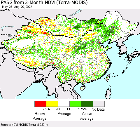 China, Mongolia and Taiwan PASG from 3-Month NDVI (Terra-MODIS) Thematic Map For 8/13/2022 - 8/20/2022