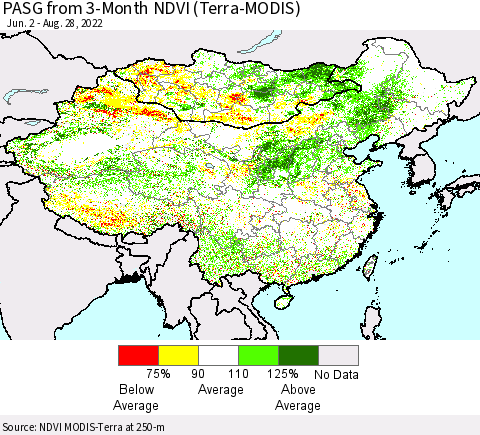 China, Mongolia and Taiwan PASG from 3-Month NDVI (Terra-MODIS) Thematic Map For 8/21/2022 - 8/28/2022