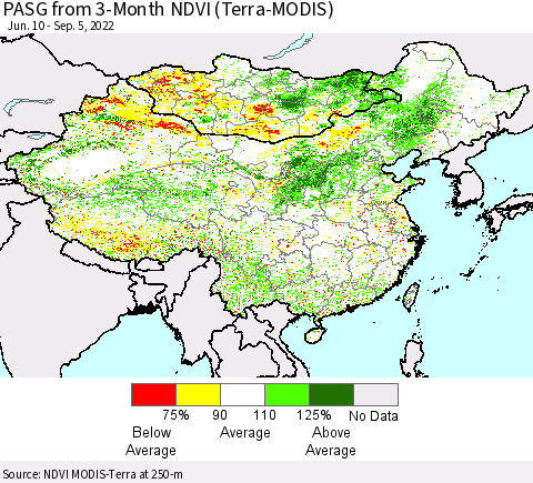 China, Mongolia and Taiwan PASG from 3-Month NDVI (Terra-MODIS) Thematic Map For 8/29/2022 - 9/5/2022
