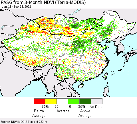 China, Mongolia and Taiwan PASG from 3-Month NDVI (Terra-MODIS) Thematic Map For 9/6/2022 - 9/13/2022
