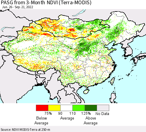 China, Mongolia and Taiwan PASG from 3-Month NDVI (Terra-MODIS) Thematic Map For 9/14/2022 - 9/21/2022