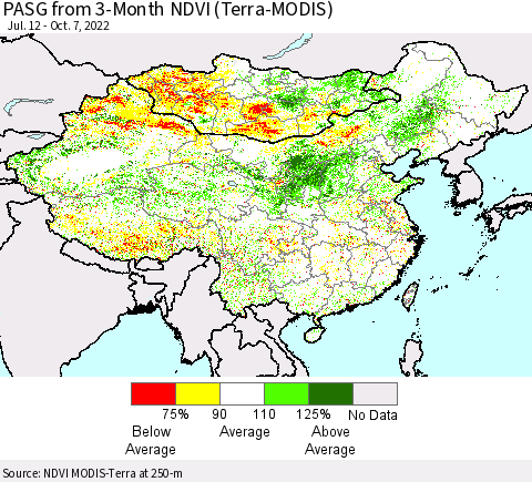 China, Mongolia and Taiwan PASG from 3-Month NDVI (Terra-MODIS) Thematic Map For 9/30/2022 - 10/7/2022