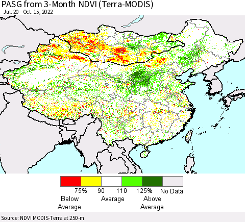 China, Mongolia and Taiwan PASG from 3-Month NDVI (Terra-MODIS) Thematic Map For 10/8/2022 - 10/15/2022