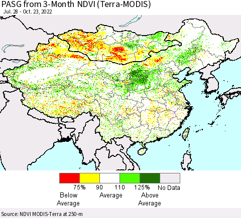 China, Mongolia and Taiwan PASG from 3-Month NDVI (Terra-MODIS) Thematic Map For 10/16/2022 - 10/23/2022
