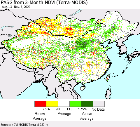 China, Mongolia and Taiwan PASG from 3-Month NDVI (Terra-MODIS) Thematic Map For 11/1/2022 - 11/8/2022