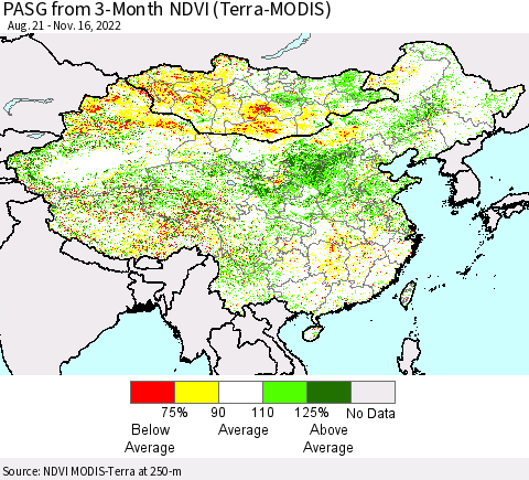 China, Mongolia and Taiwan PASG from 3-Month NDVI (Terra-MODIS) Thematic Map For 11/9/2022 - 11/16/2022