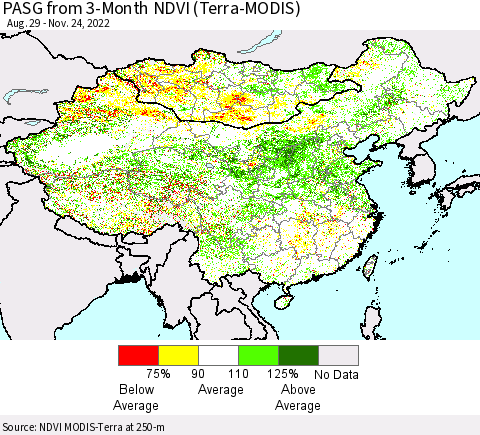 China, Mongolia and Taiwan PASG from 3-Month NDVI (Terra-MODIS) Thematic Map For 11/17/2022 - 11/24/2022