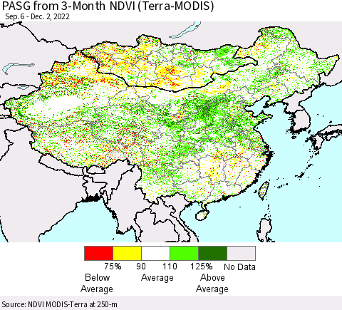 China, Mongolia and Taiwan PASG from 3-Month NDVI (Terra-MODIS) Thematic Map For 11/25/2022 - 12/2/2022