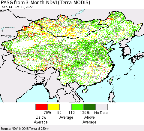 China, Mongolia and Taiwan PASG from 3-Month NDVI (Terra-MODIS) Thematic Map For 12/3/2022 - 12/10/2022