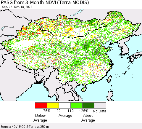 China, Mongolia and Taiwan PASG from 3-Month NDVI (Terra-MODIS) Thematic Map For 12/11/2022 - 12/18/2022