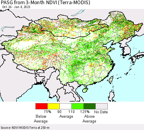China, Mongolia and Taiwan PASG from 3-Month NDVI (Terra-MODIS) Thematic Map For 1/1/2023 - 1/8/2023