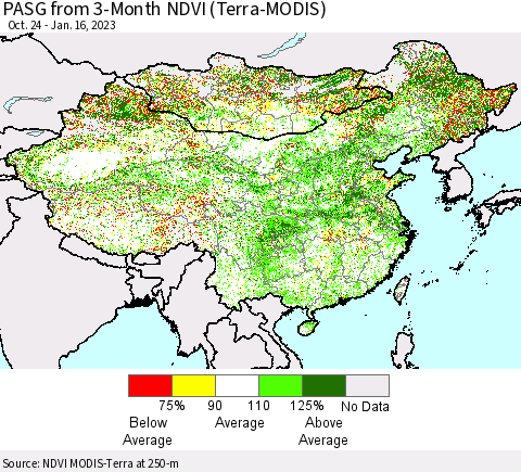 China, Mongolia and Taiwan PASG from 3-Month NDVI (Terra-MODIS) Thematic Map For 1/9/2023 - 1/16/2023
