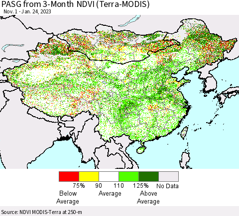 China, Mongolia and Taiwan PASG from 3-Month NDVI (Terra-MODIS) Thematic Map For 1/17/2023 - 1/24/2023