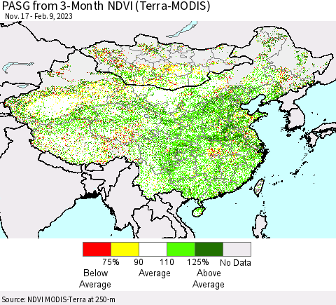 China, Mongolia and Taiwan PASG from 3-Month NDVI (Terra-MODIS) Thematic Map For 2/2/2023 - 2/9/2023