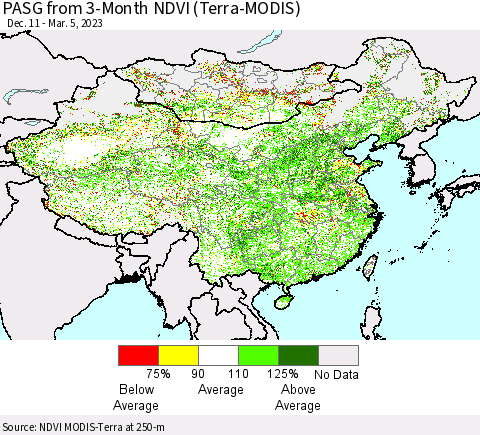 China, Mongolia and Taiwan PASG from 3-Month NDVI (Terra-MODIS) Thematic Map For 2/26/2023 - 3/5/2023