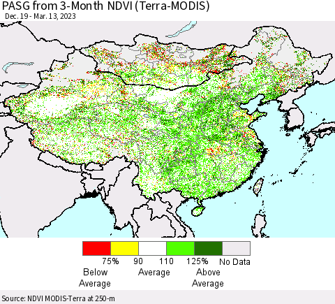 China, Mongolia and Taiwan PASG from 3-Month NDVI (Terra-MODIS) Thematic Map For 3/6/2023 - 3/13/2023