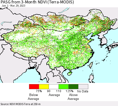 China, Mongolia and Taiwan PASG from 3-Month NDVI (Terra-MODIS) Thematic Map For 3/22/2023 - 3/29/2023