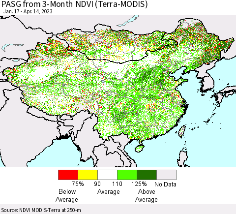 China, Mongolia and Taiwan PASG from 3-Month NDVI (Terra-MODIS) Thematic Map For 4/7/2023 - 4/14/2023