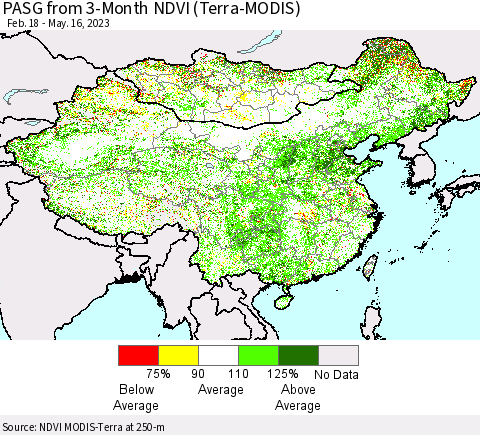 China, Mongolia and Taiwan PASG from 3-Month NDVI (Terra-MODIS) Thematic Map For 5/9/2023 - 5/16/2023