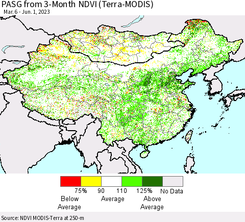China, Mongolia and Taiwan PASG from 3-Month NDVI (Terra-MODIS) Thematic Map For 5/25/2023 - 6/1/2023