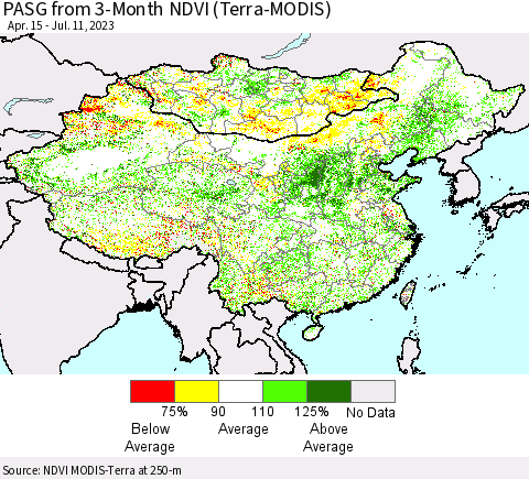 China, Mongolia and Taiwan PASG from 3-Month NDVI (Terra-MODIS) Thematic Map For 7/4/2023 - 7/11/2023