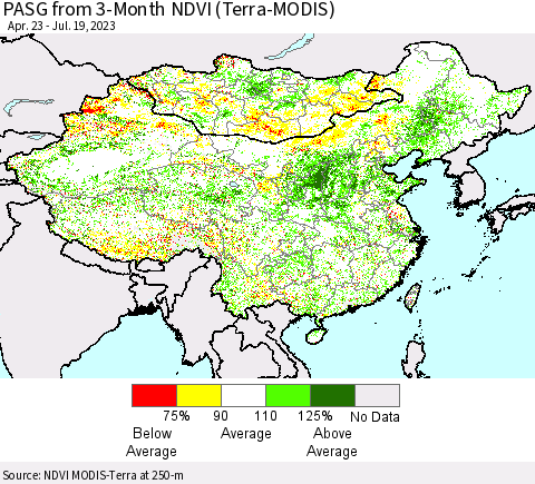 China, Mongolia and Taiwan PASG from 3-Month NDVI (Terra-MODIS) Thematic Map For 7/12/2023 - 7/19/2023