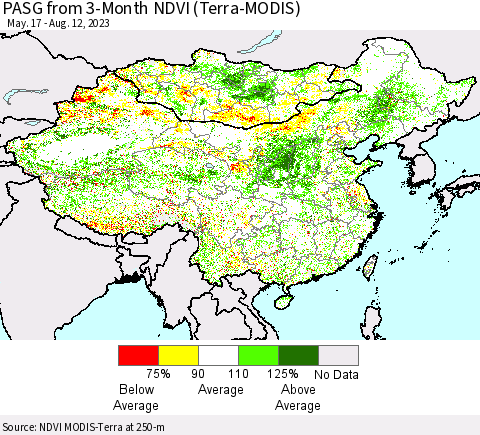 China, Mongolia and Taiwan PASG from 3-Month NDVI (Terra-MODIS) Thematic Map For 8/5/2023 - 8/12/2023
