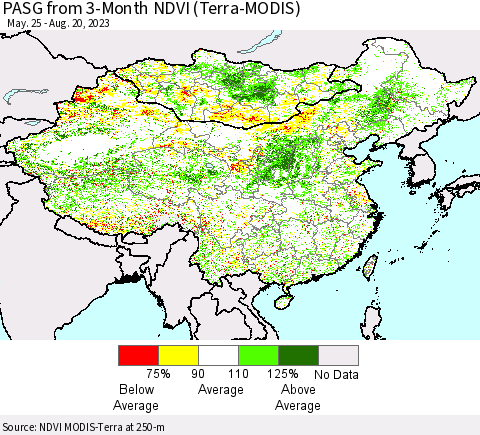 China, Mongolia and Taiwan PASG from 3-Month NDVI (Terra-MODIS) Thematic Map For 8/13/2023 - 8/20/2023