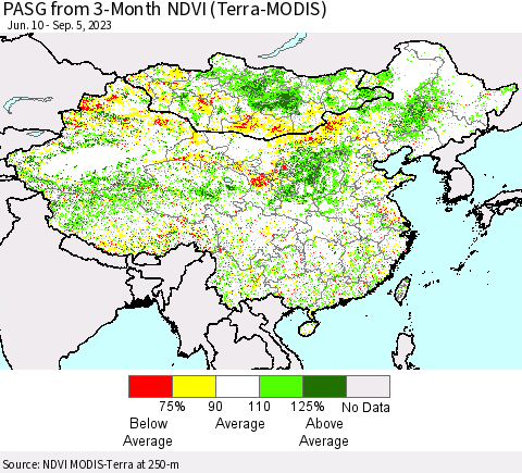 China, Mongolia and Taiwan PASG from 3-Month NDVI (Terra-MODIS) Thematic Map For 8/29/2023 - 9/5/2023