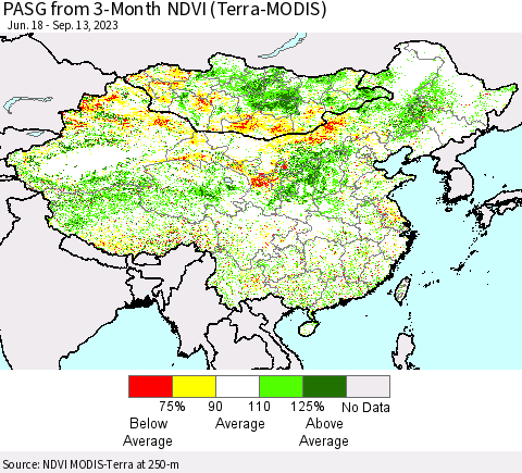 China, Mongolia and Taiwan PASG from 3-Month NDVI (Terra-MODIS) Thematic Map For 9/6/2023 - 9/13/2023